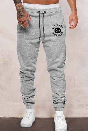 Gray Halloween Letter Pumpkin Print Elastic Waist Men's Pants