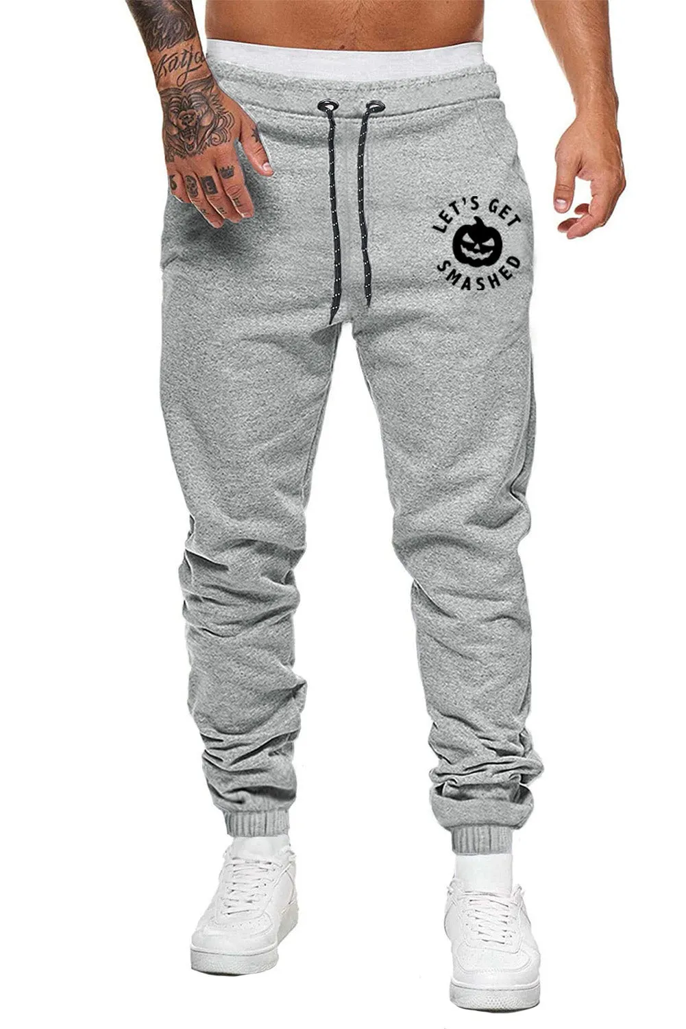 Gray Halloween Letter Pumpkin Print Elastic Waist Men's Pants