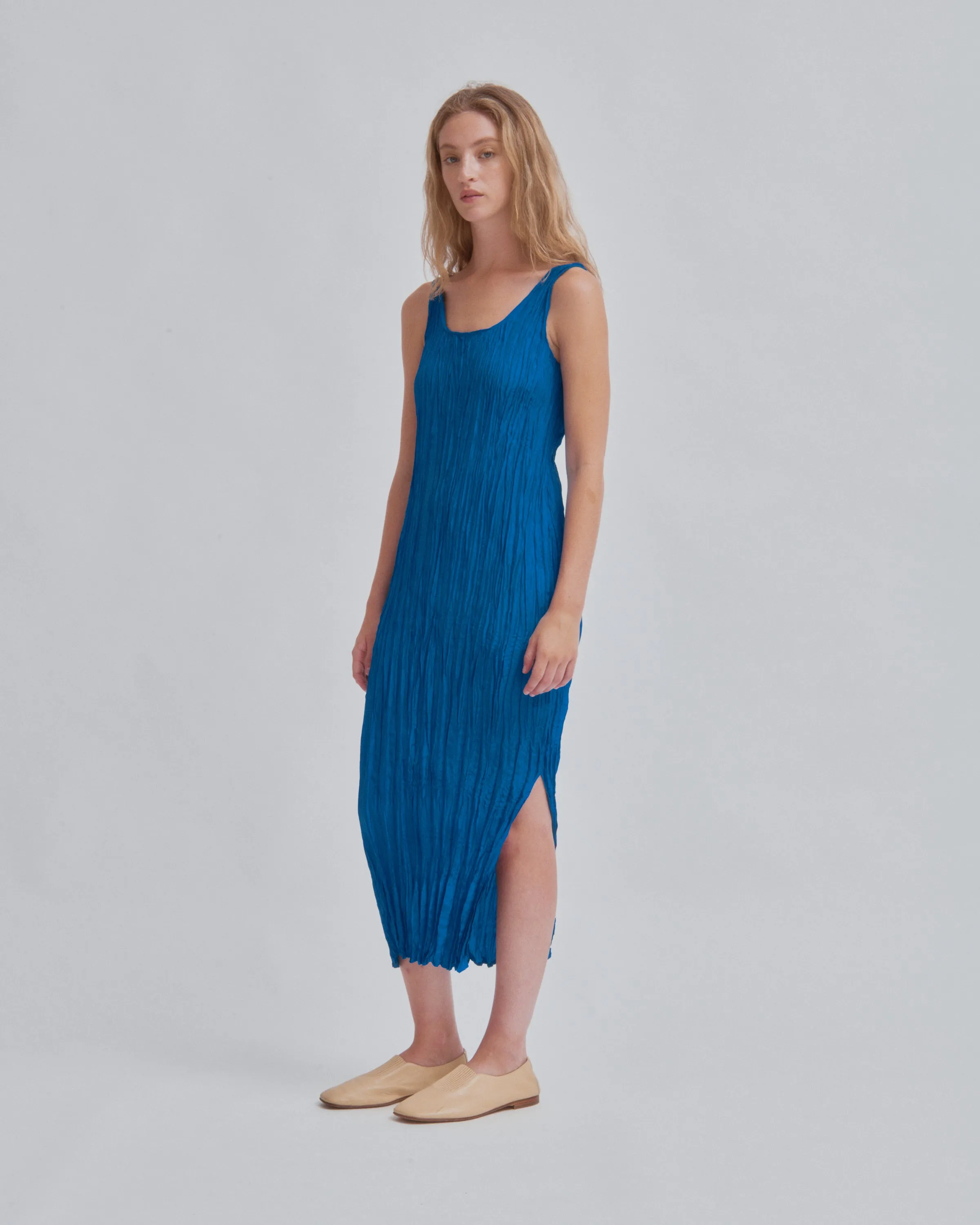 Hand Pleated Dress in Cerulean