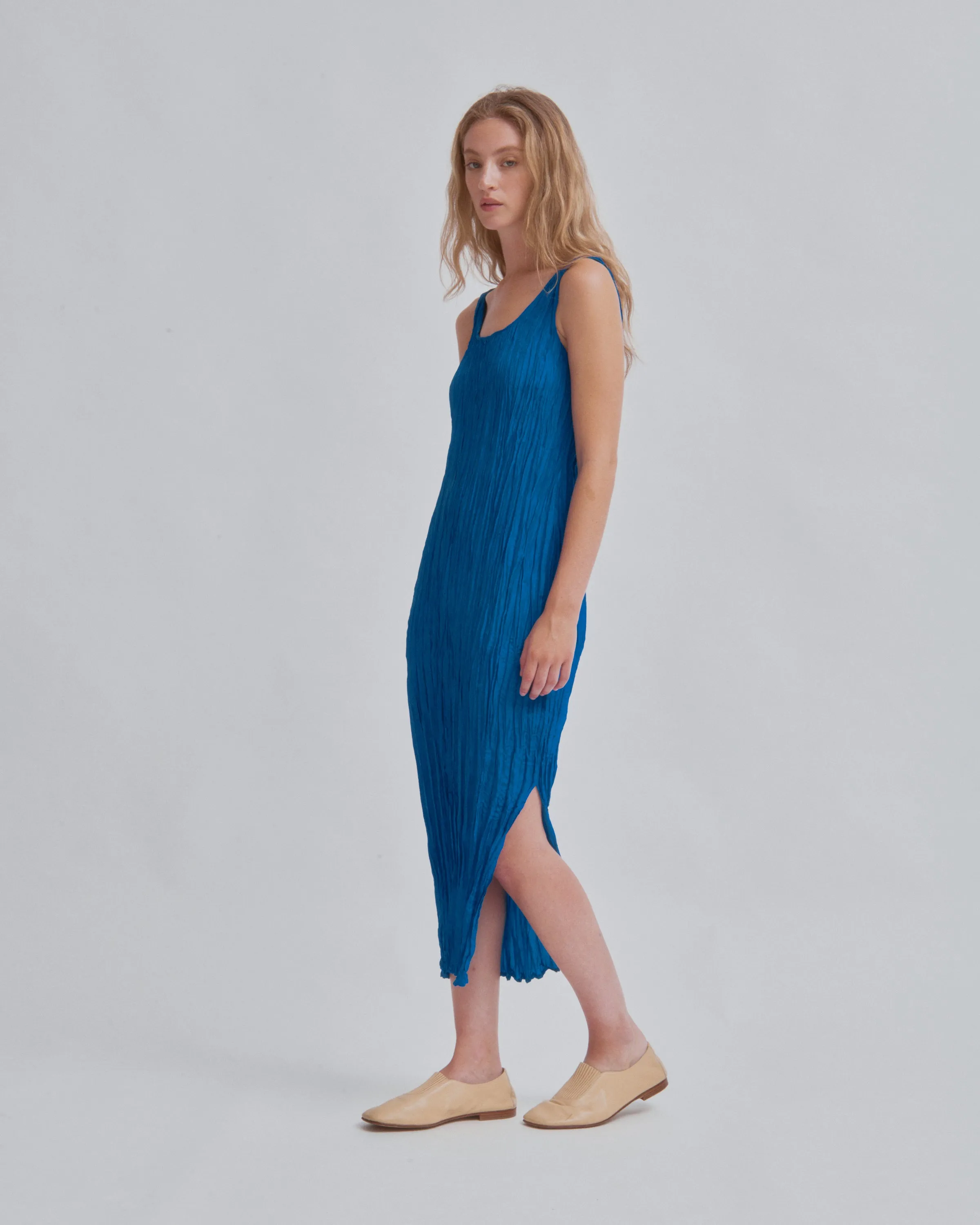 Hand Pleated Dress in Cerulean