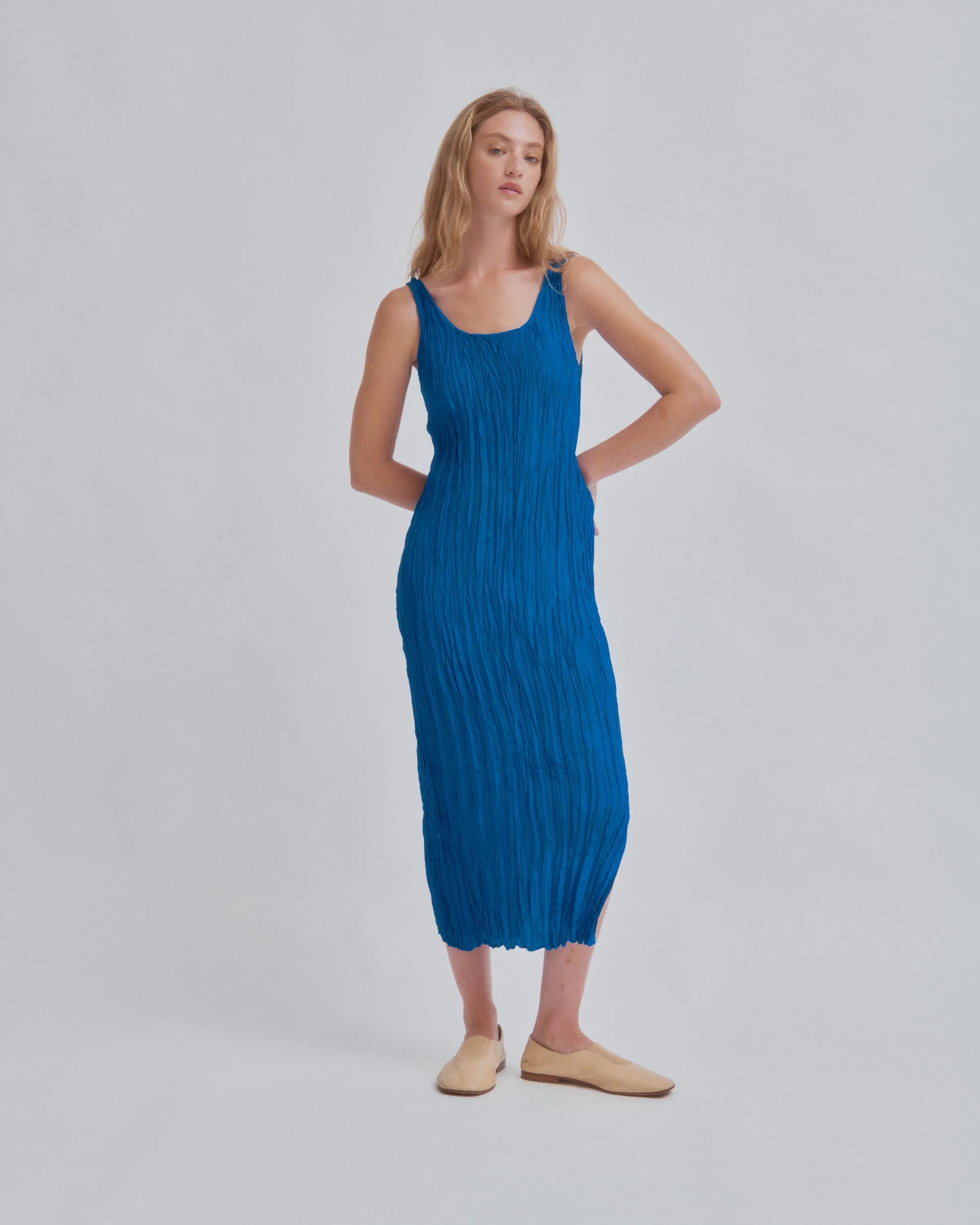 Hand Pleated Dress in Cerulean
