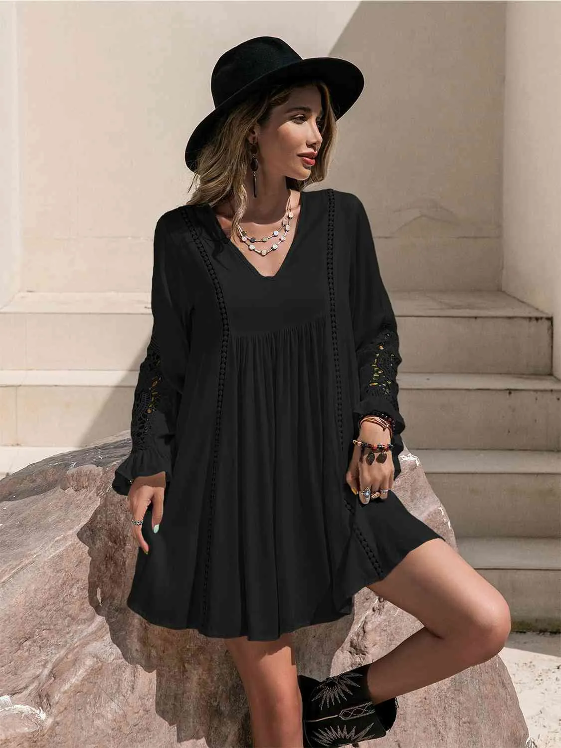 Hazel Blues® |  Lace Detail V-Neck Mini Dress