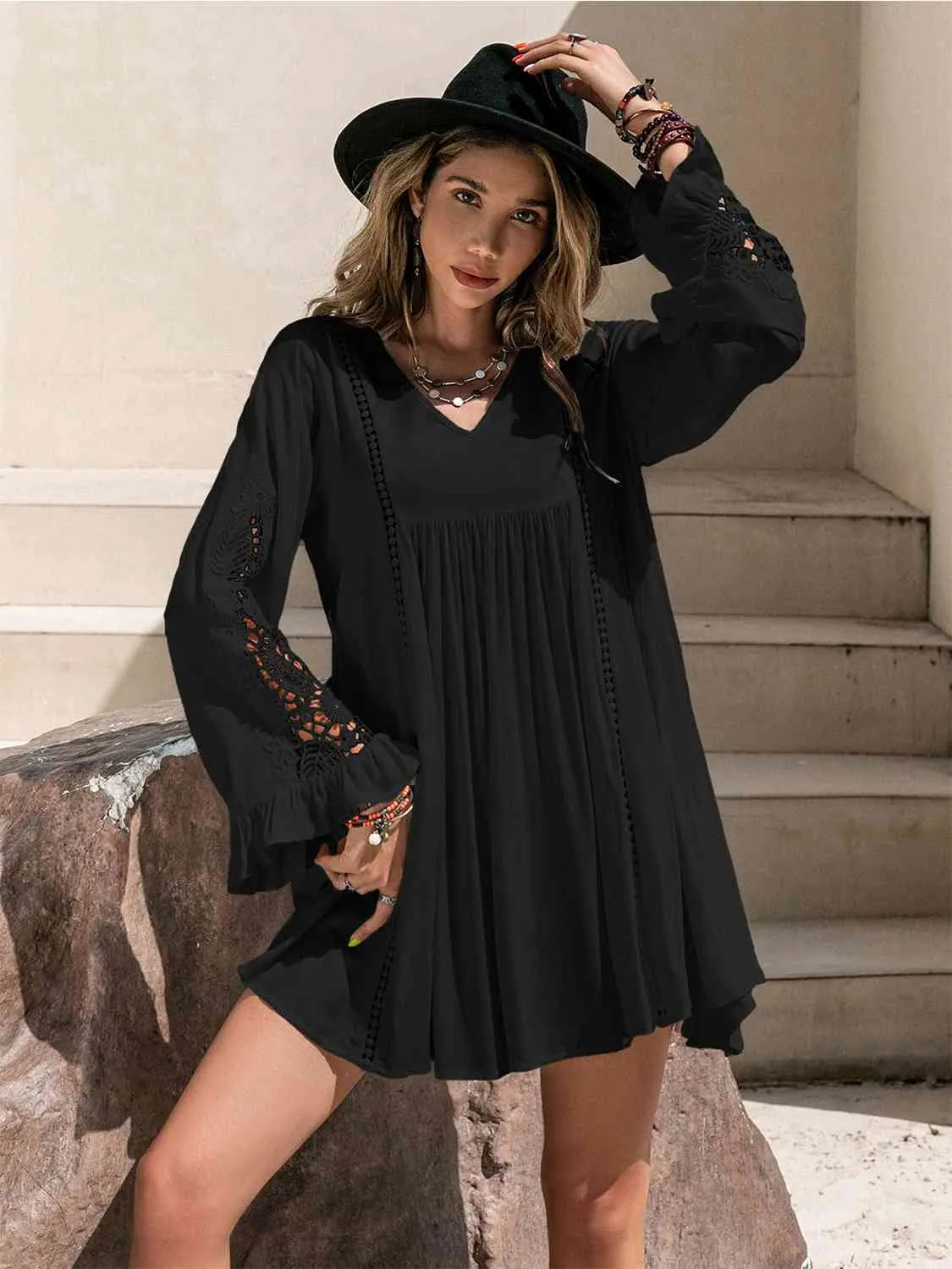 Hazel Blues® |  Lace Detail V-Neck Mini Dress