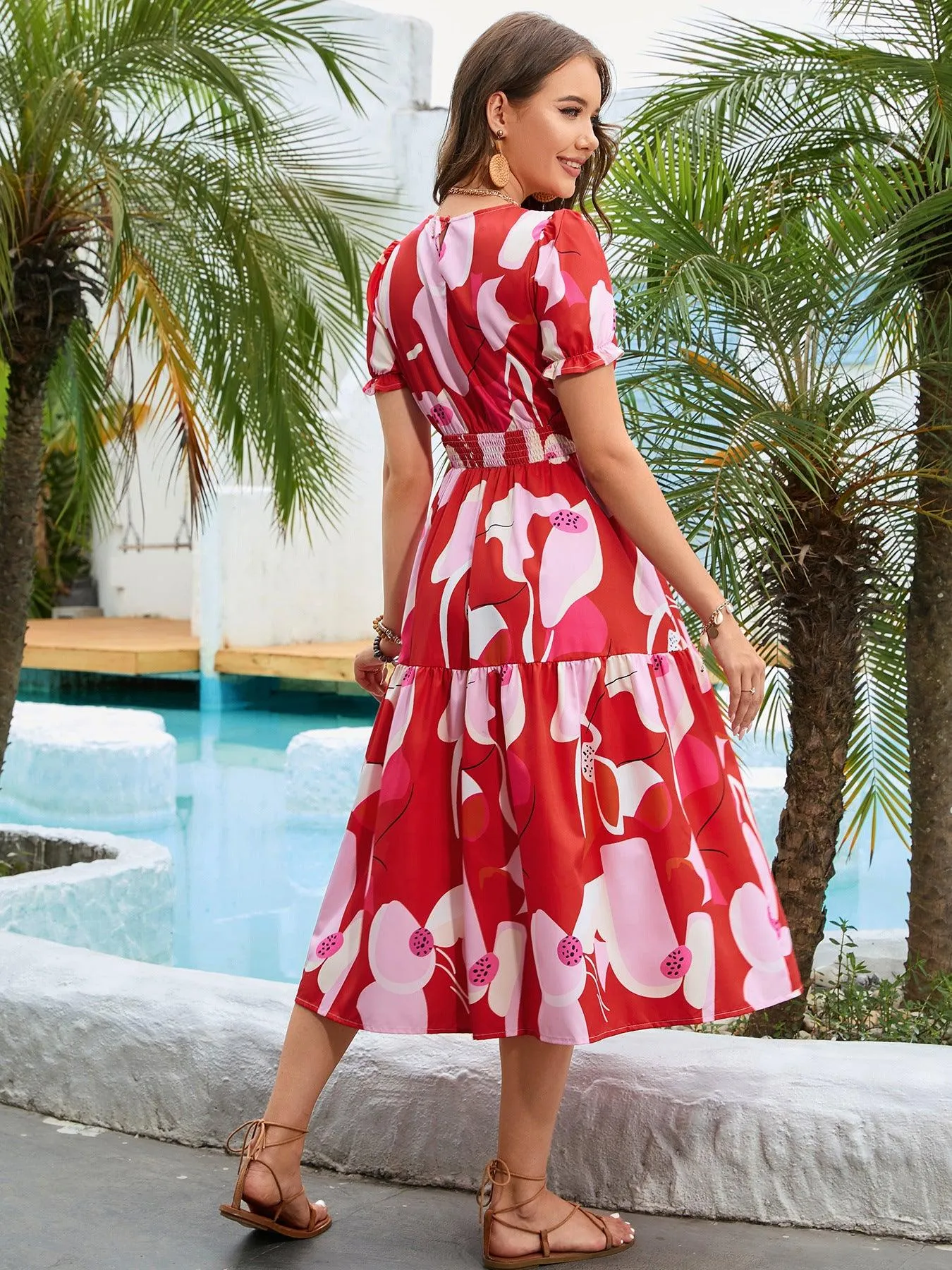 Hazel Blues® |  Printed Round Neck Flounce Sleeve Midi Dress