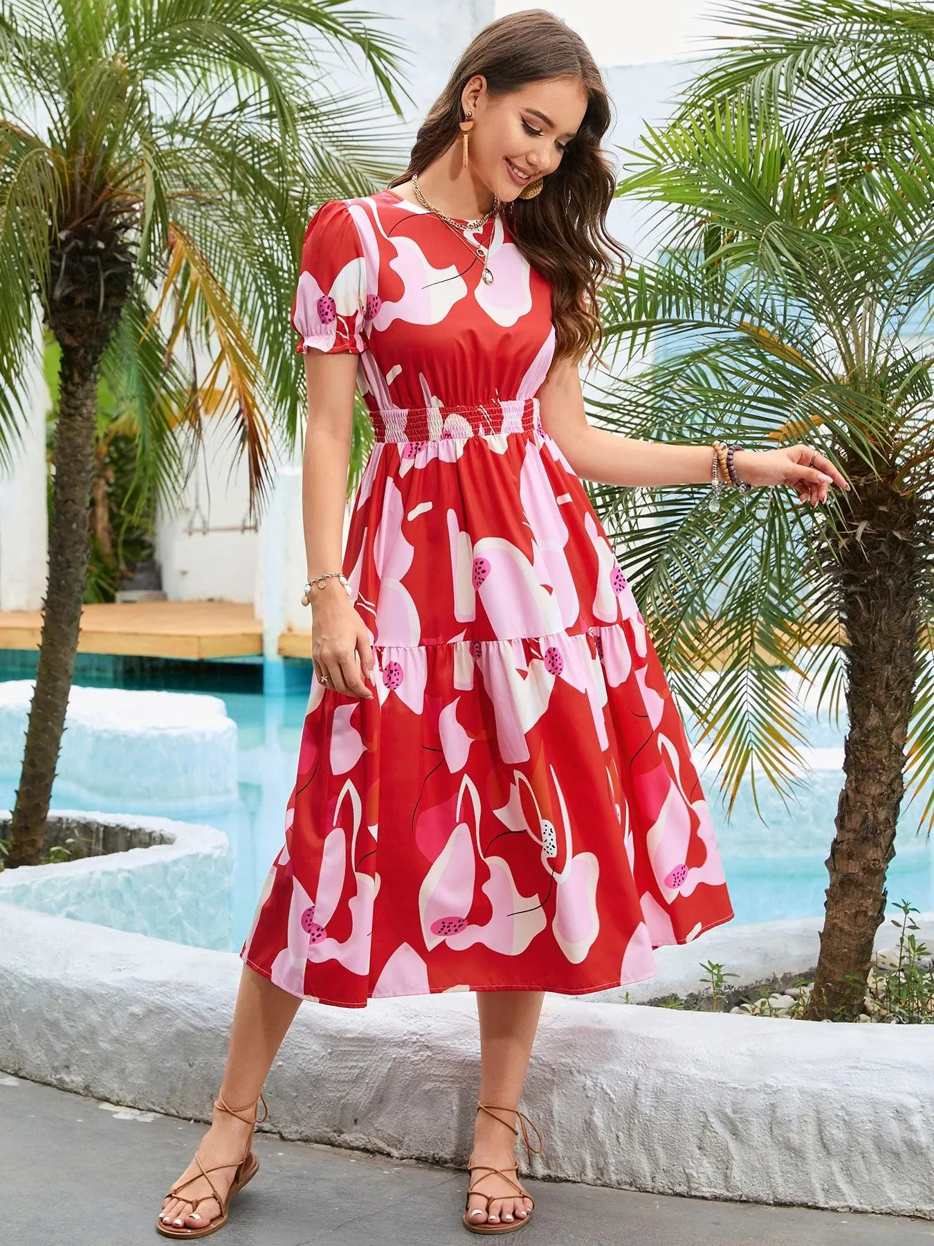 Hazel Blues® |  Printed Round Neck Flounce Sleeve Midi Dress