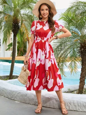 Hazel Blues® |  Printed Round Neck Flounce Sleeve Midi Dress
