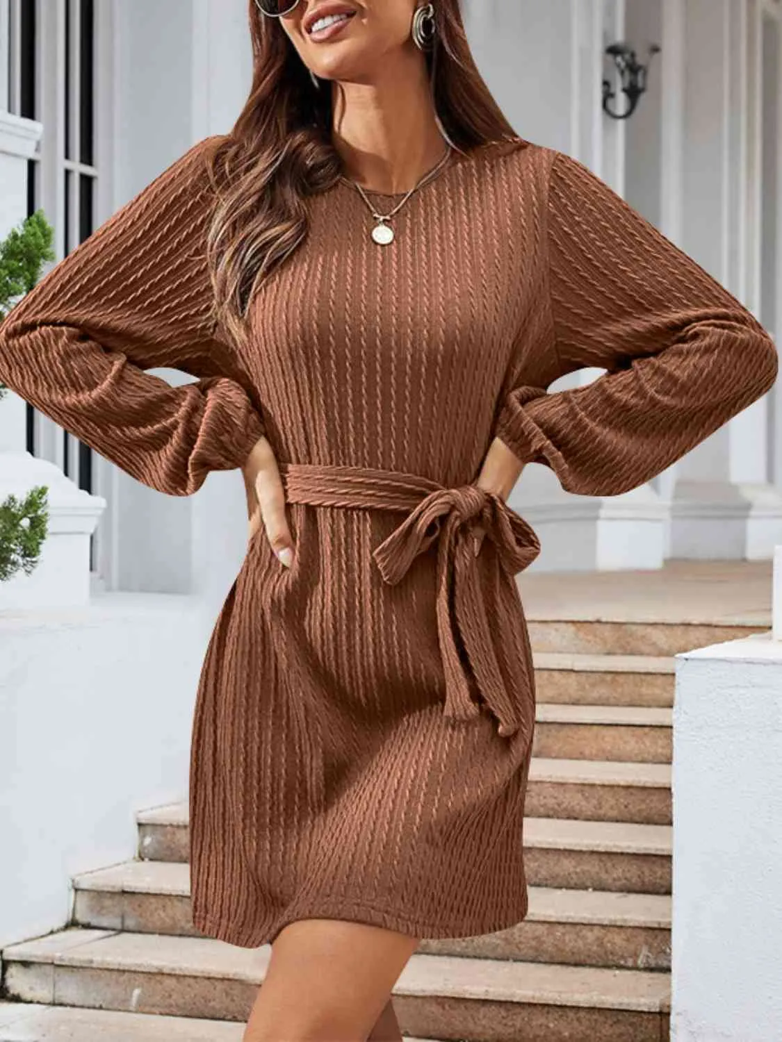 Hazel Blues® |  Round Neck Tie Front Long Sleeve Dress