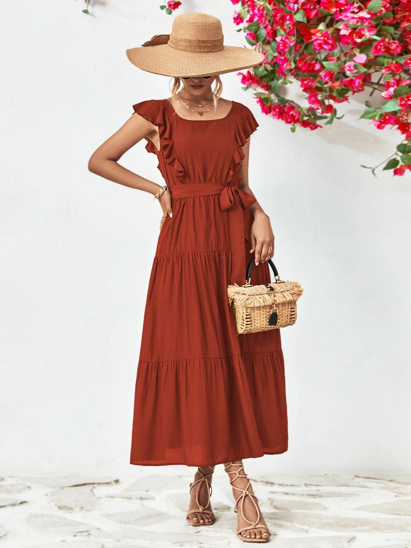 Hazel Blues® |  Tie Belt Ruffled Tiered Dress