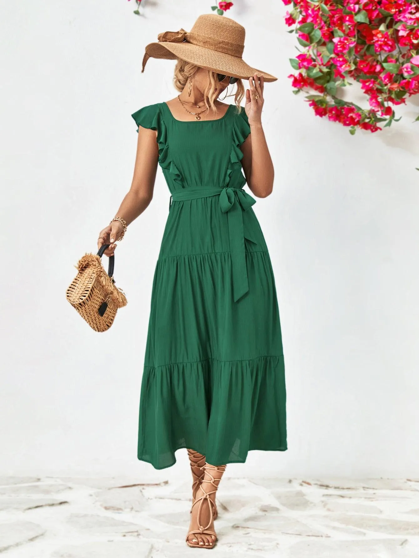 Hazel Blues® |  Tie Belt Ruffled Tiered Dress