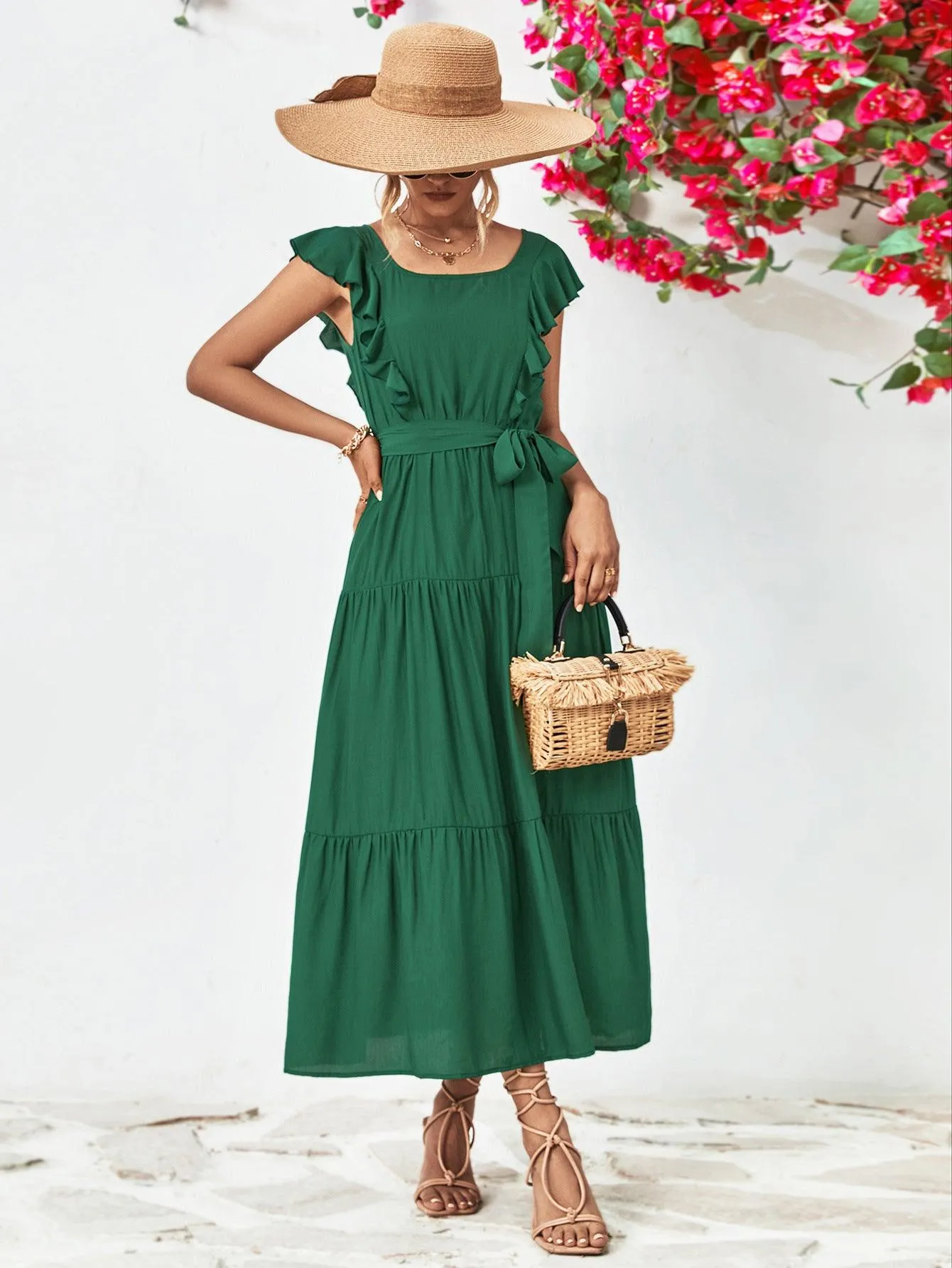 Hazel Blues® |  Tie Belt Ruffled Tiered Dress