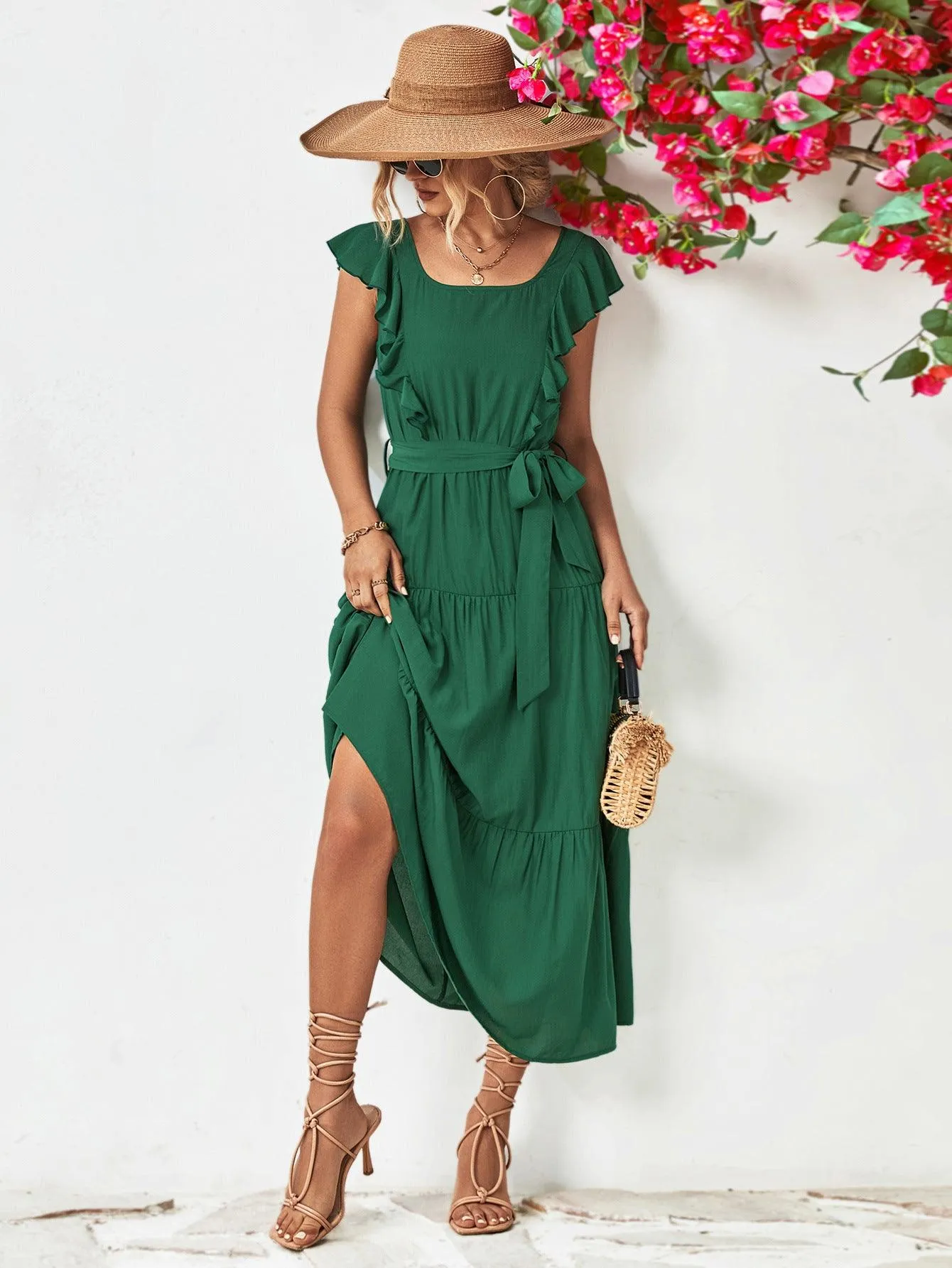 Hazel Blues® |  Tie Belt Ruffled Tiered Dress