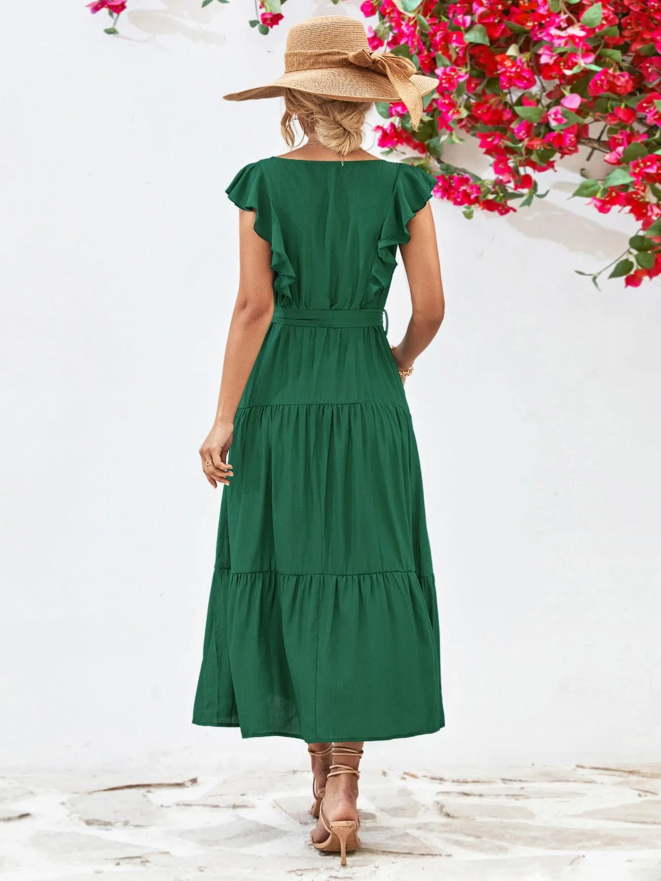 Hazel Blues® |  Tie Belt Ruffled Tiered Dress