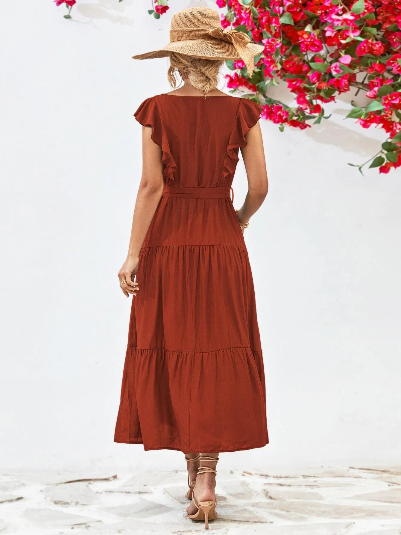 Hazel Blues® |  Tie Belt Ruffled Tiered Dress