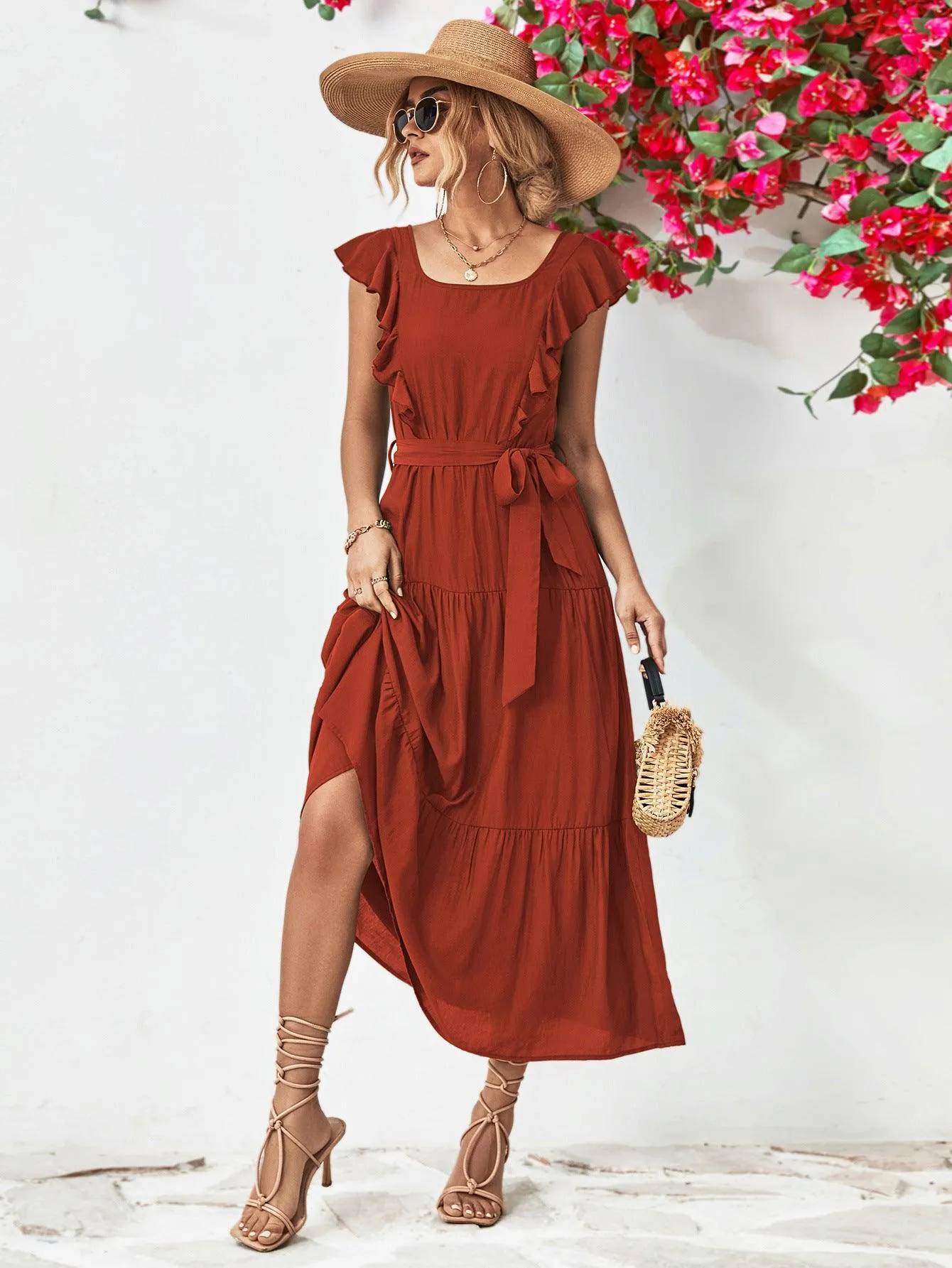 Hazel Blues® |  Tie Belt Ruffled Tiered Dress
