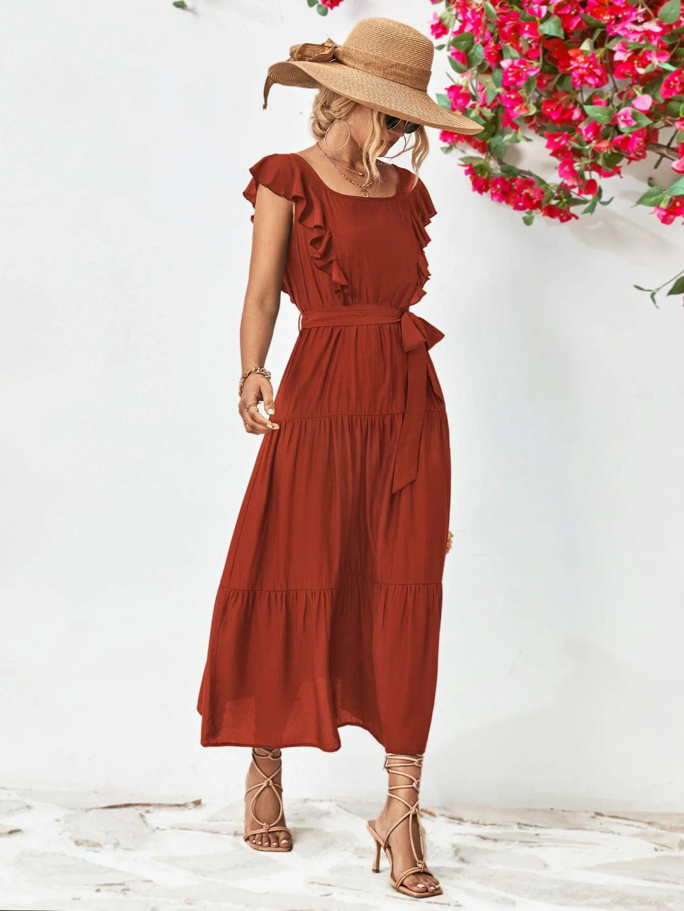 Hazel Blues® |  Tie Belt Ruffled Tiered Dress