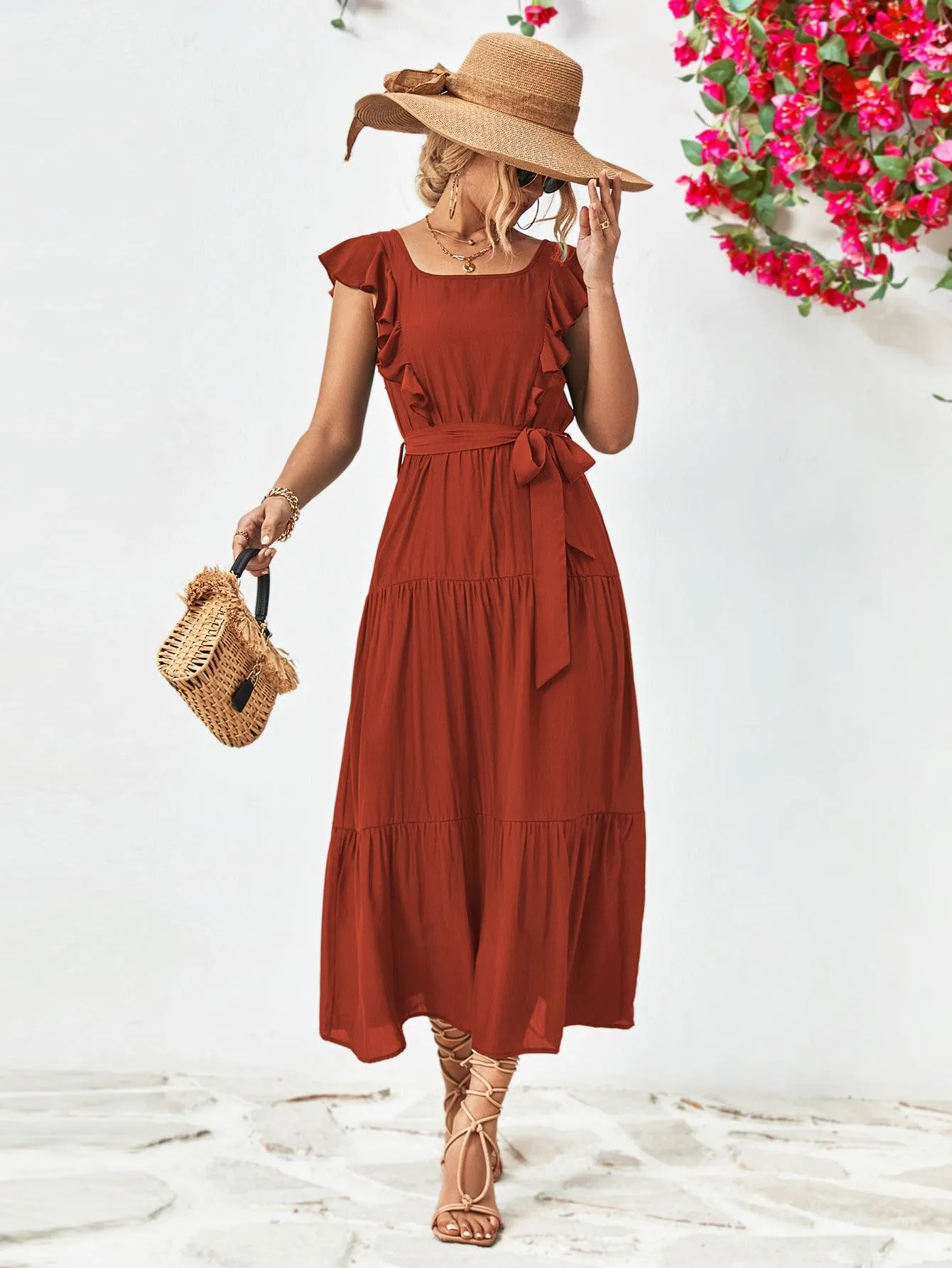 Hazel Blues® |  Tie Belt Ruffled Tiered Dress