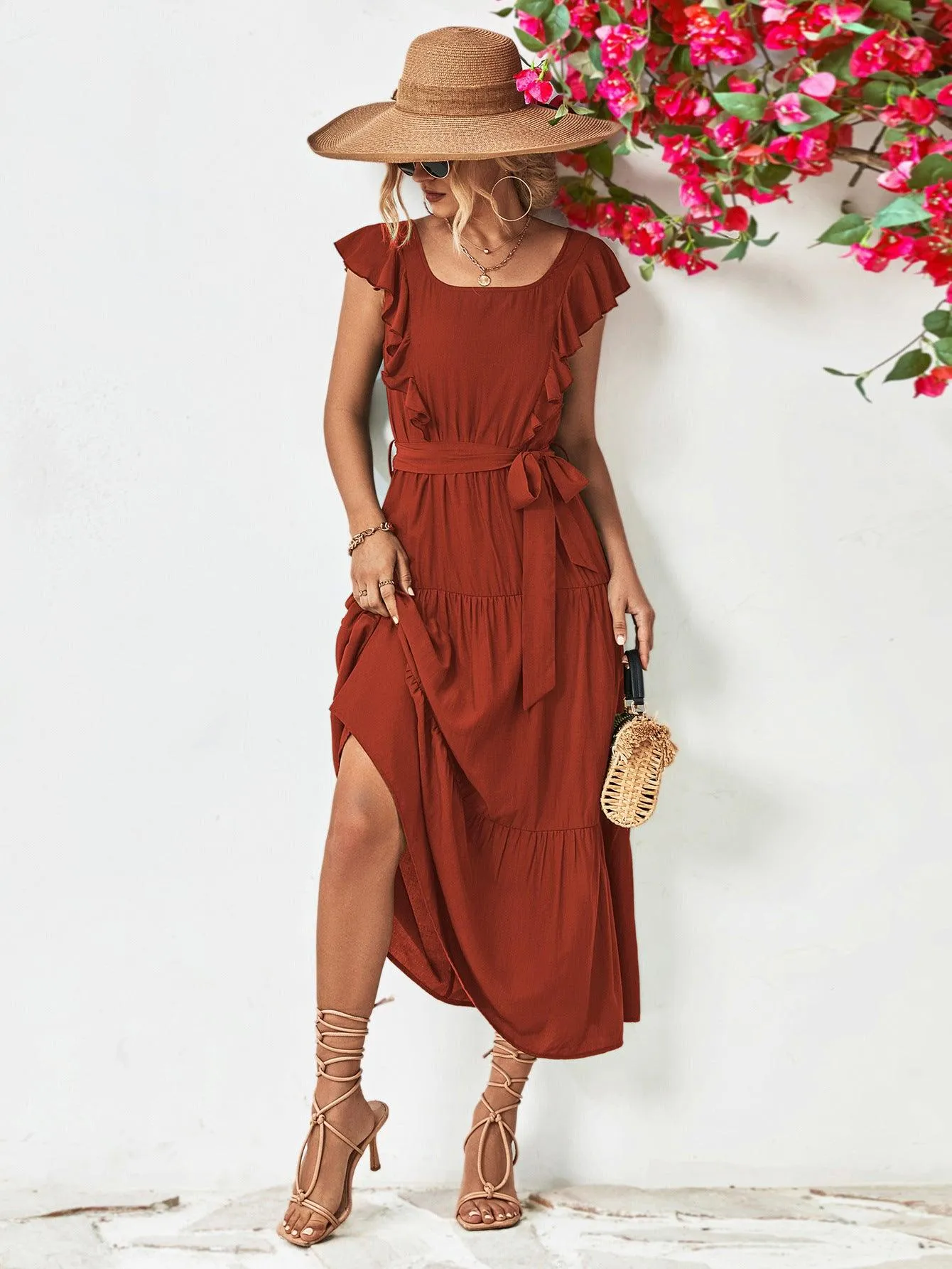 Hazel Blues® |  Tie Belt Ruffled Tiered Dress