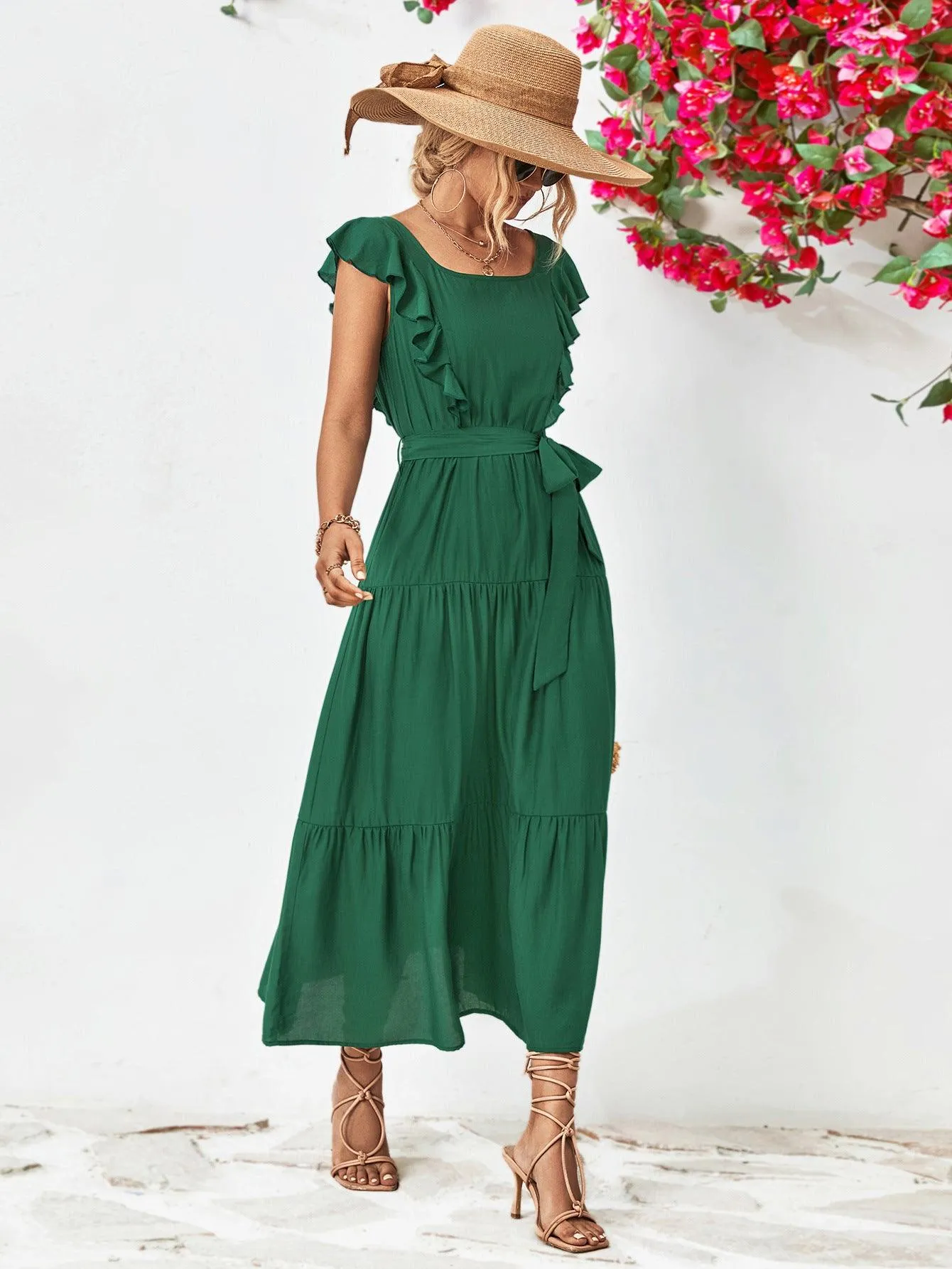 Hazel Blues® |  Tie Belt Ruffled Tiered Dress