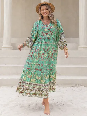 Heather Plus Size Floral V-Neck Balloon Sleeve Midi Dress