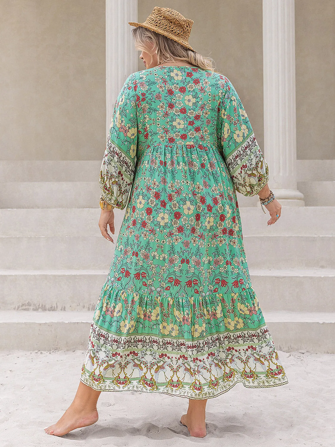 Heather Plus Size Floral V-Neck Balloon Sleeve Midi Dress