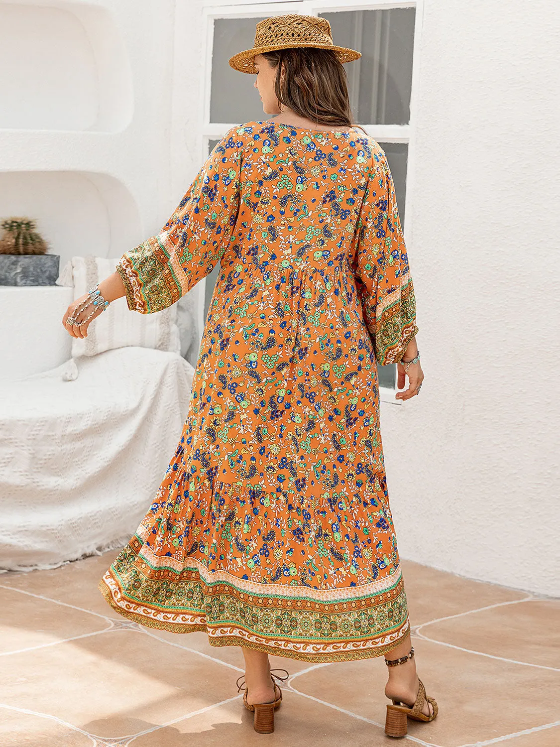 Heather Plus Size Floral V-Neck Balloon Sleeve Midi Dress