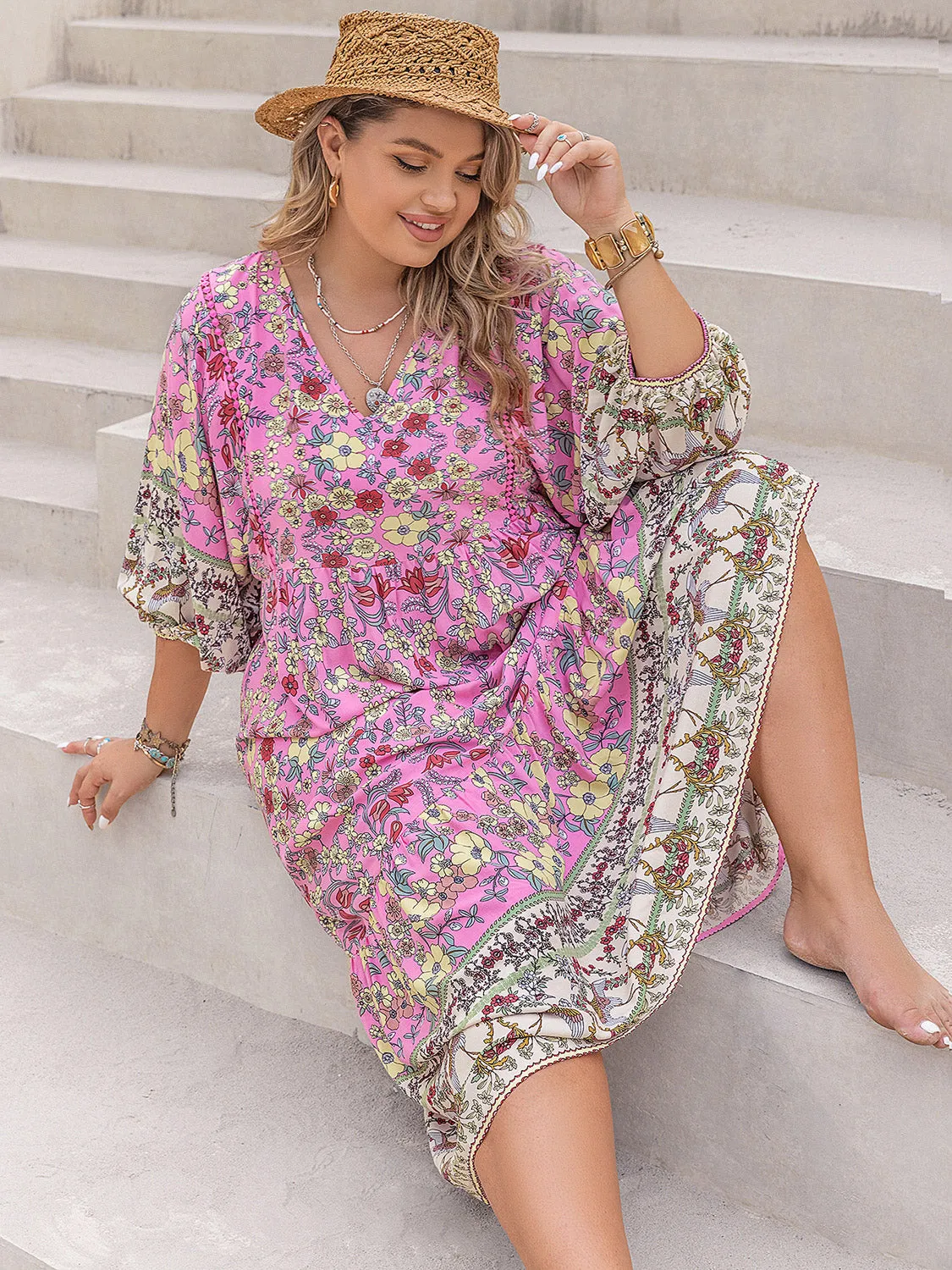 Heather Plus Size Floral V-Neck Balloon Sleeve Midi Dress