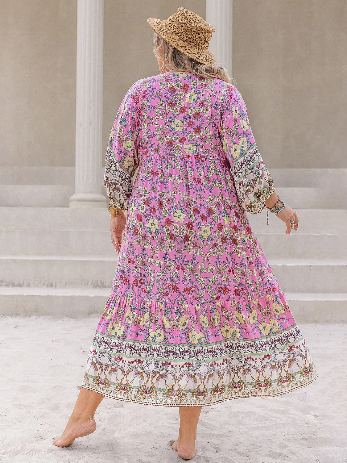 Heather Plus Size Floral V-Neck Balloon Sleeve Midi Dress
