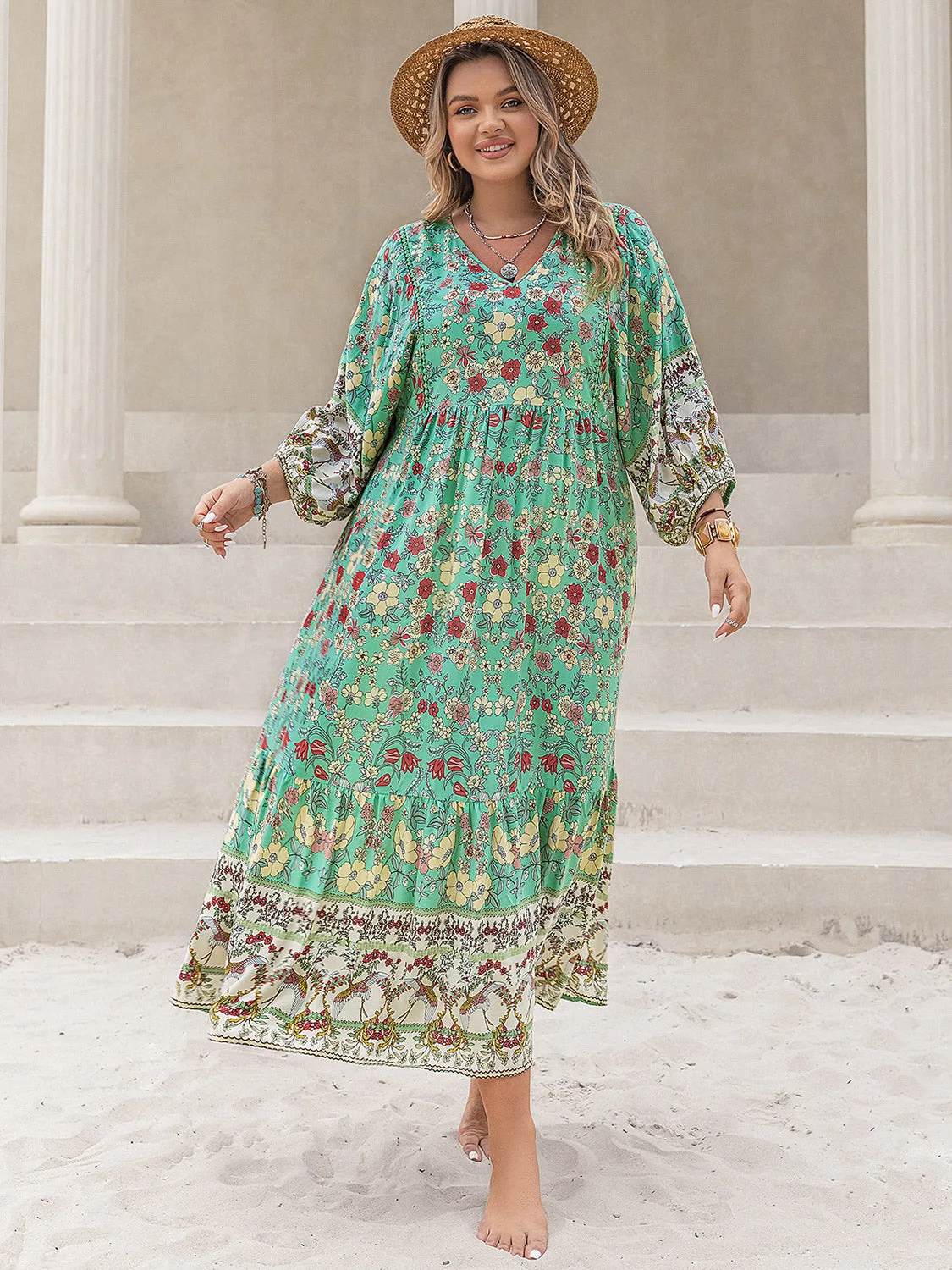 Heather Plus Size Floral V-Neck Balloon Sleeve Midi Dress