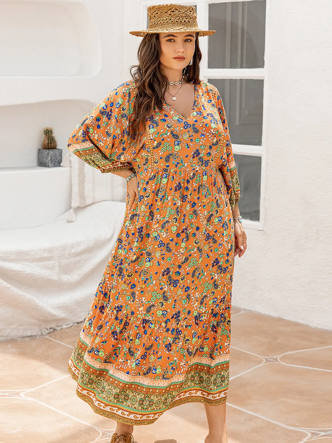 Heather Plus Size Floral V-Neck Balloon Sleeve Midi Dress