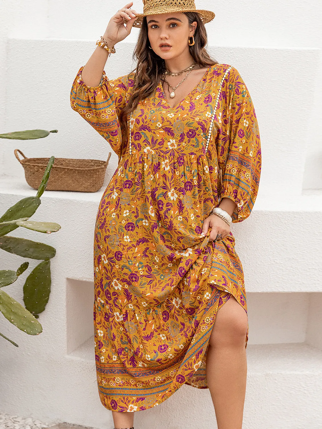 Heather Plus Size Floral V-Neck Balloon Sleeve Midi Dress