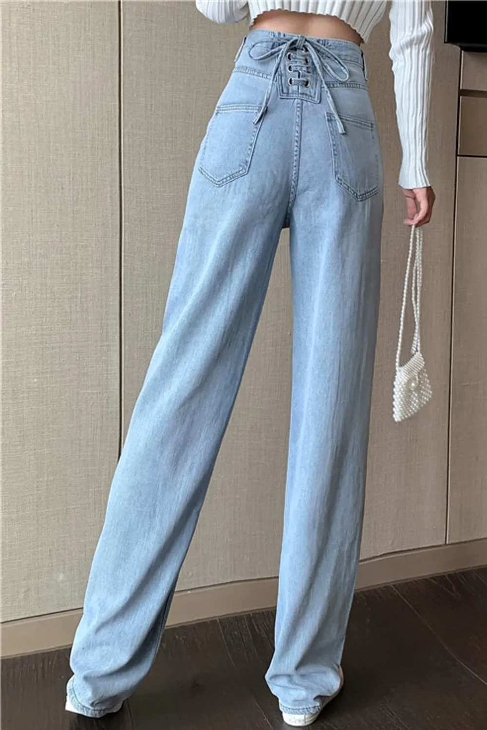 High Waist Back Lace Tie Long Jeans Pants