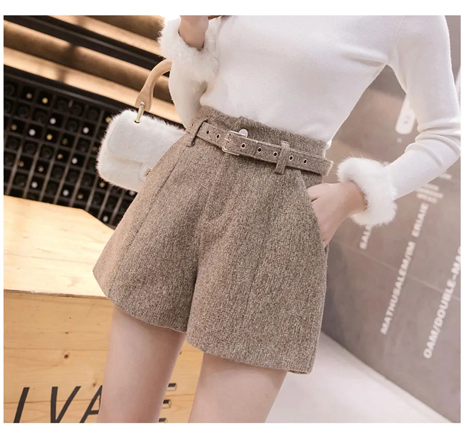 High Waist Belted A-Line Woolen Shorts