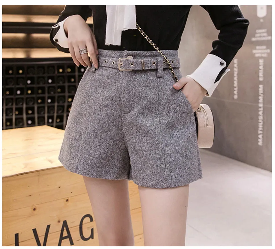 High Waist Belted A-Line Woolen Shorts