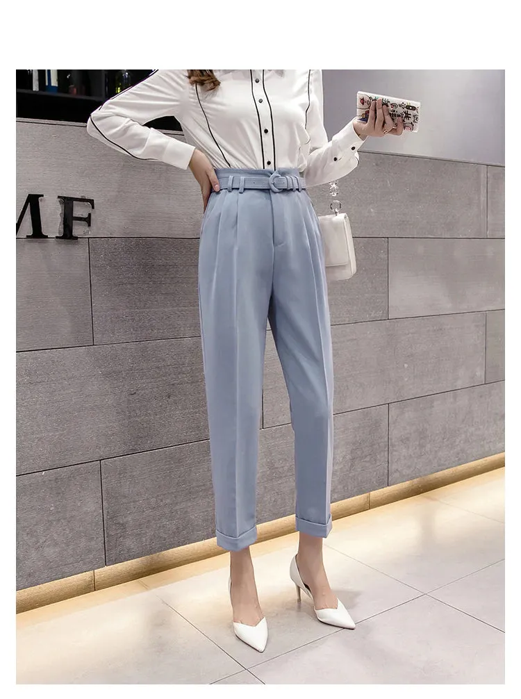 High Waist Belted Ankle Length Elegant Office Pants