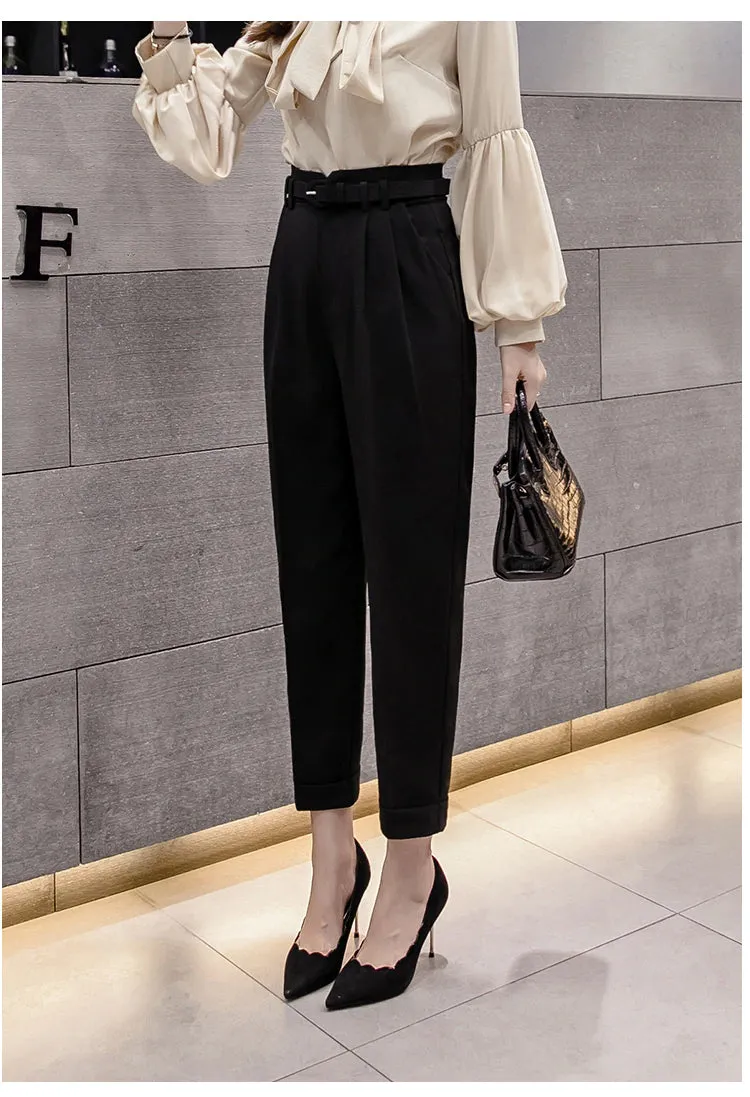 High Waist Belted Ankle Length Elegant Office Pants