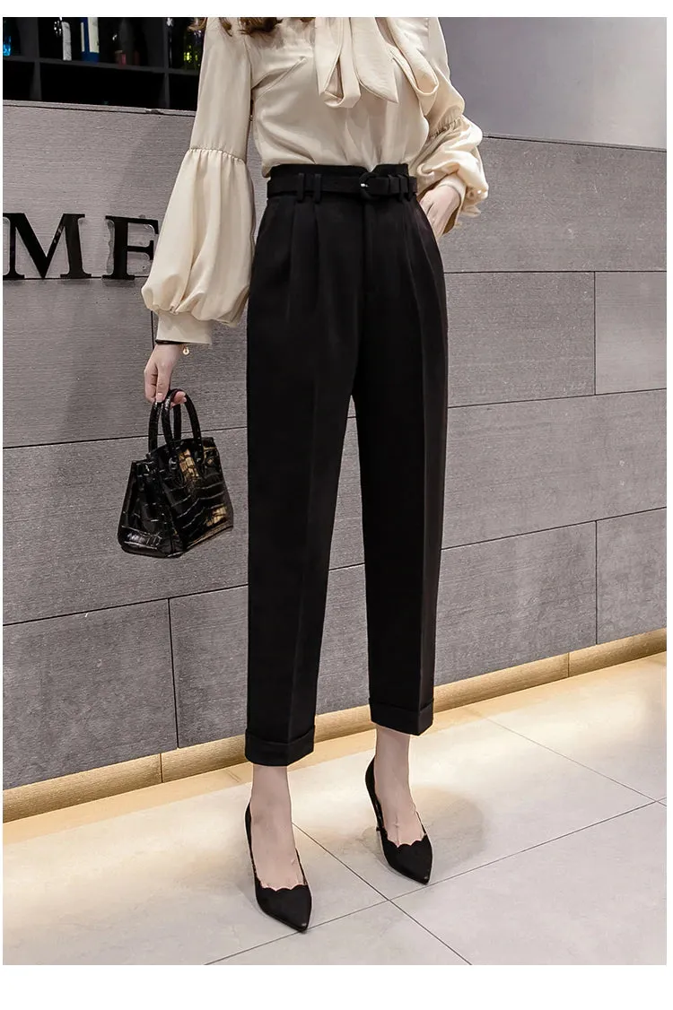 High Waist Belted Ankle Length Elegant Office Pants