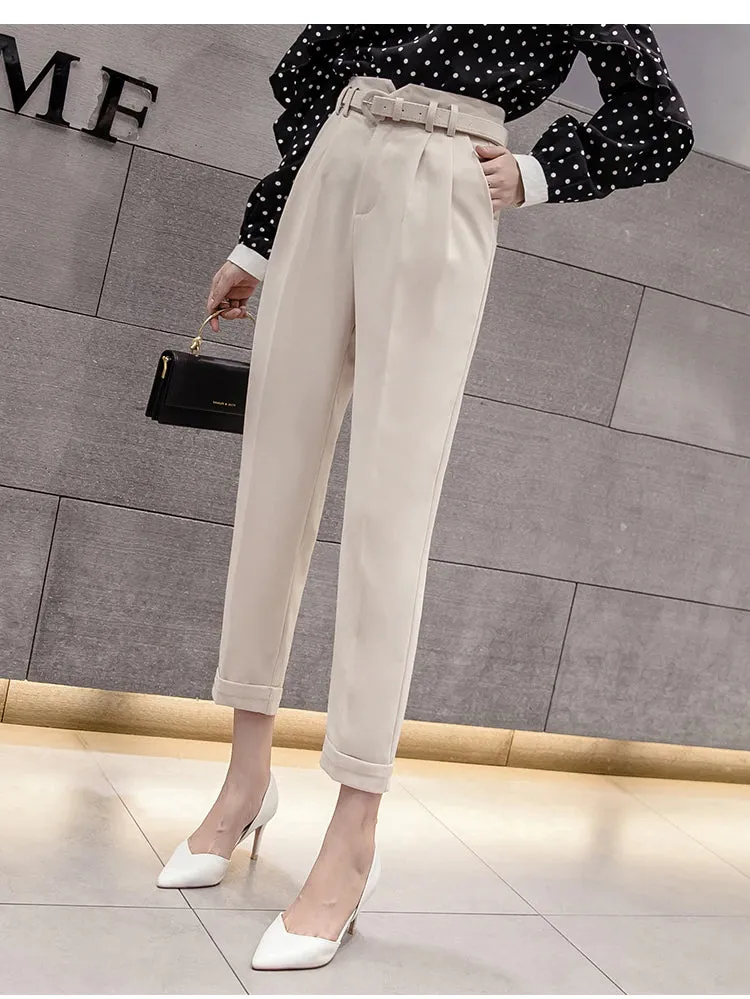 High Waist Belted Ankle Length Elegant Office Pants