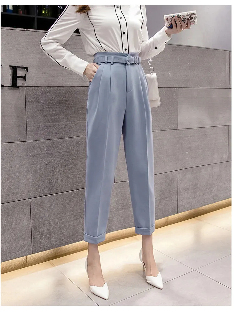High Waist Belted Ankle Length Elegant Office Pants