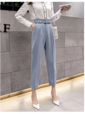 High Waist Belted Ankle Length Elegant Office Pants