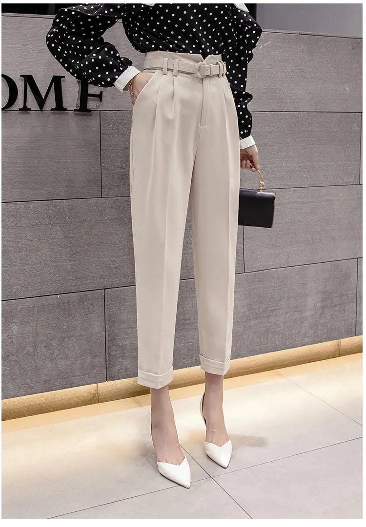 High Waist Belted Ankle Length Elegant Office Pants