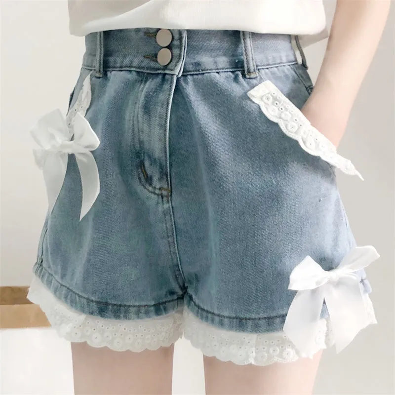 High Waist Cute Lace Bow Denim Shorts