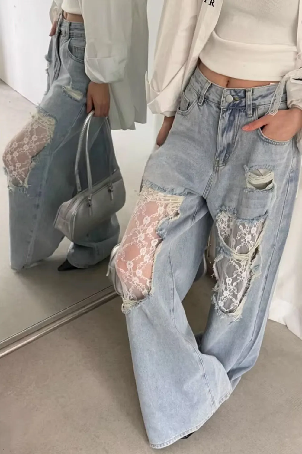 High Waist Hole Design Lace Patchwork Jeans Pants