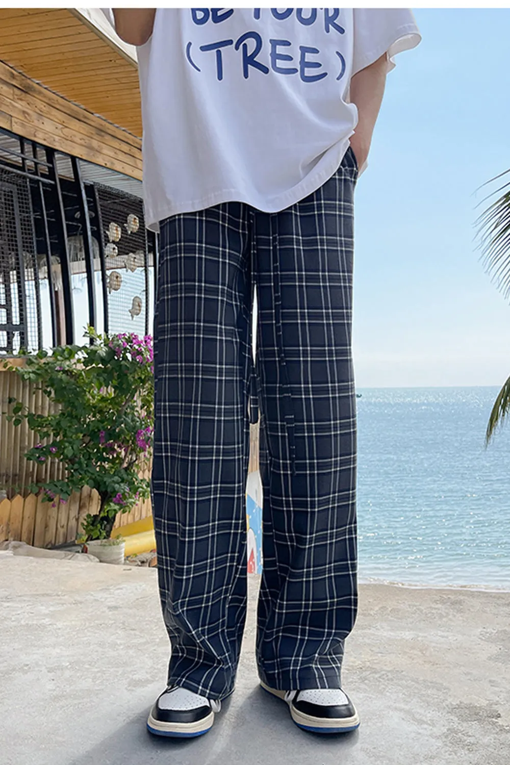 High Waist Loose Retro Plaid Men Long Pants