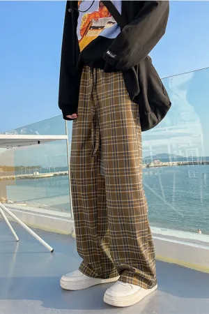 High Waist Loose Retro Plaid Men Long Pants
