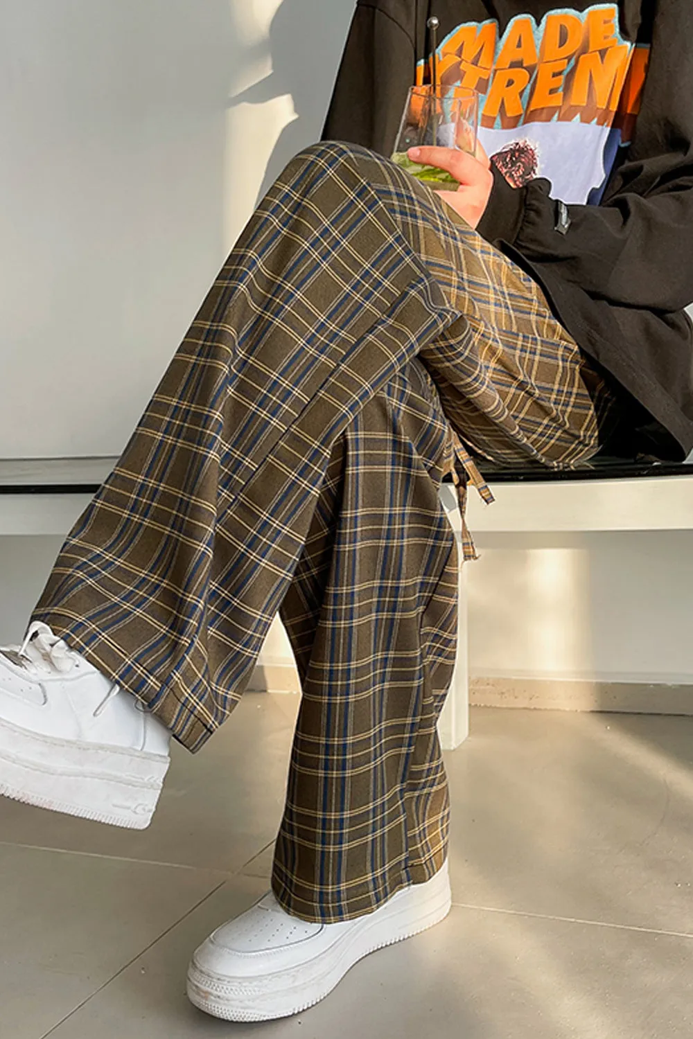 High Waist Loose Retro Plaid Men Long Pants
