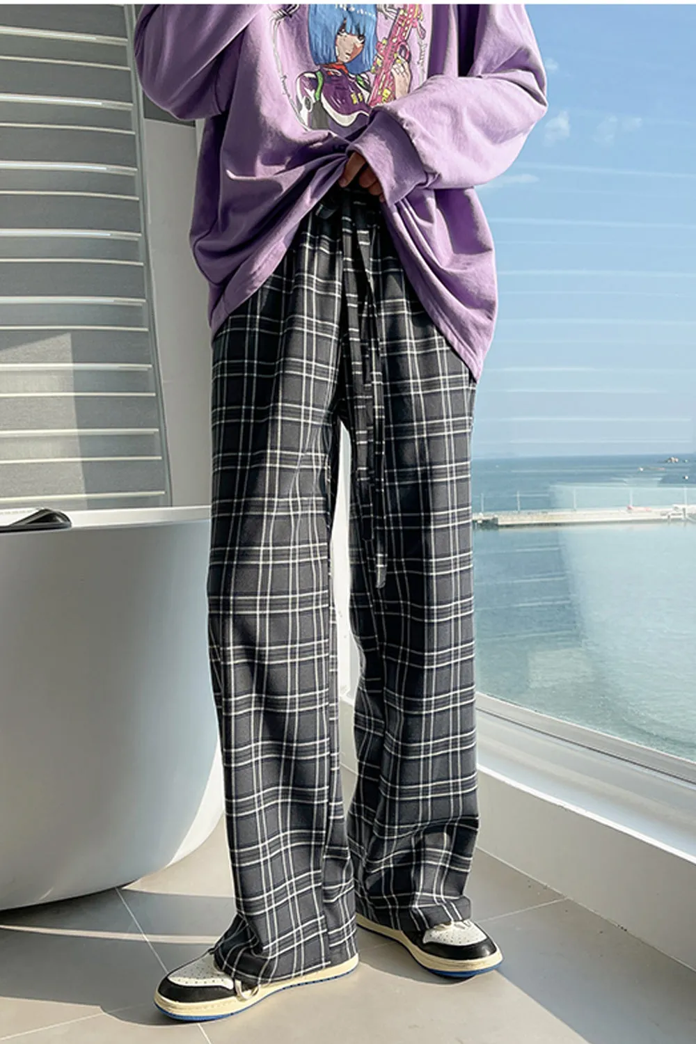 High Waist Loose Retro Plaid Men Long Pants