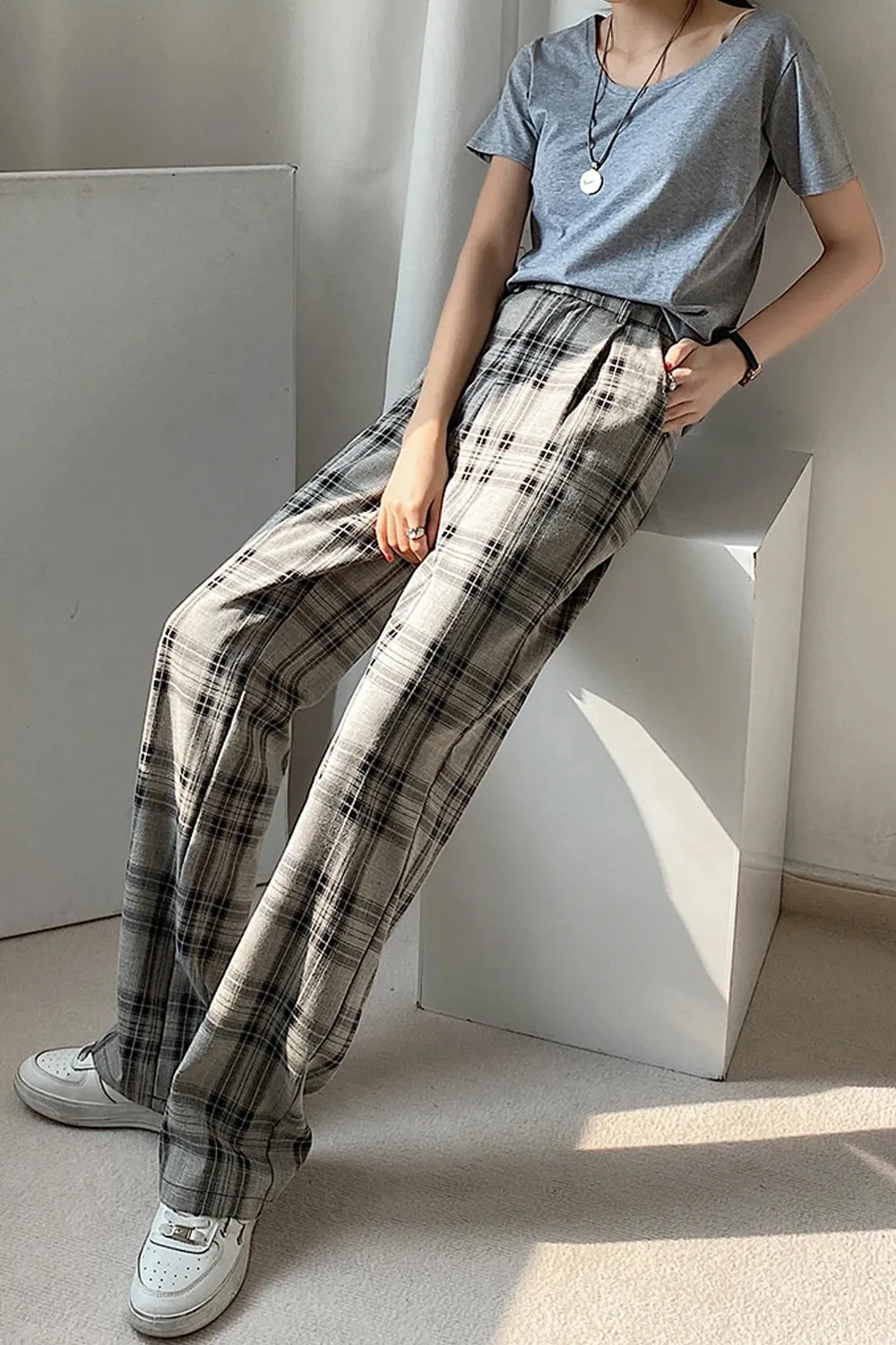 High Waist Plaid Elegant Long Pants