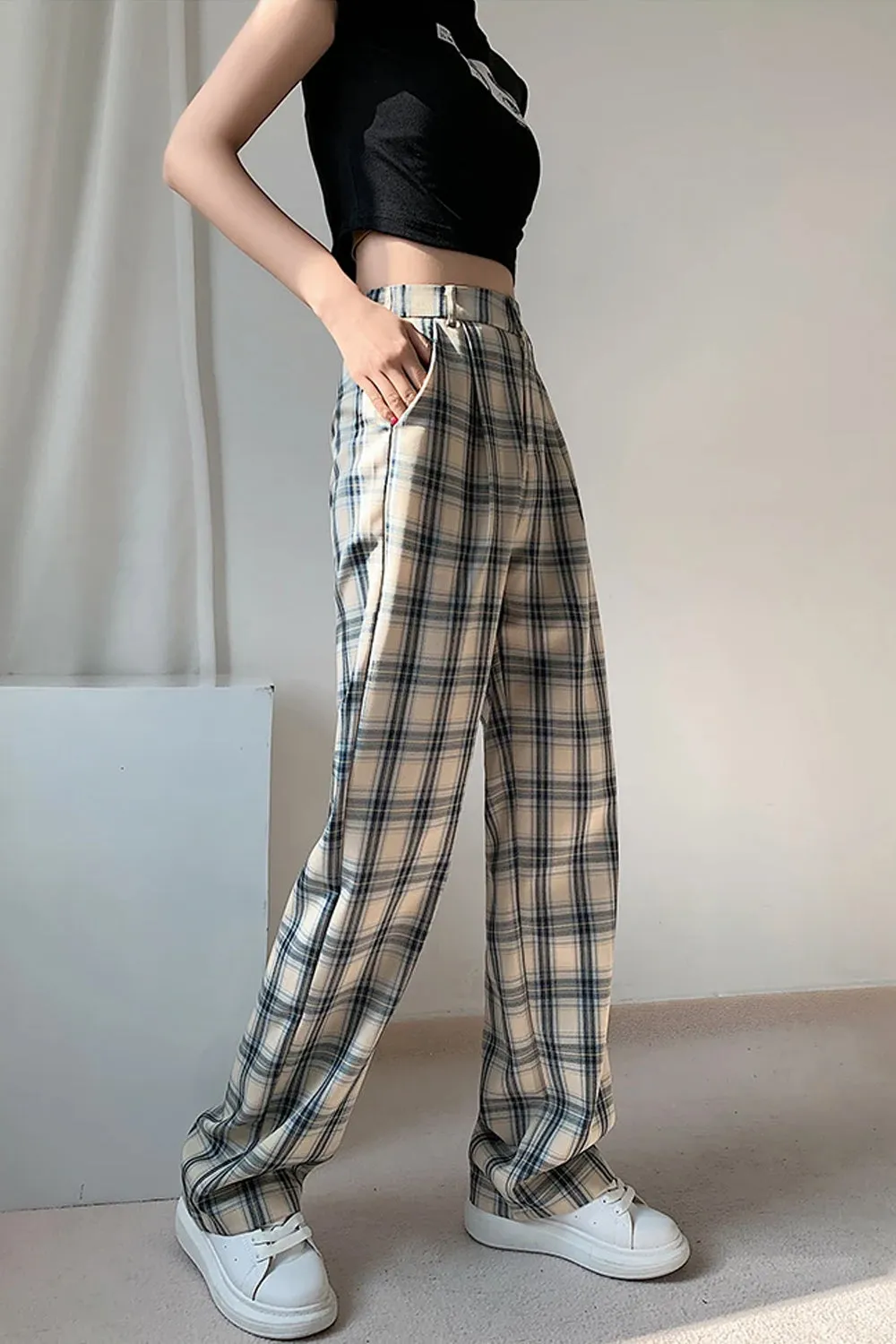 High Waist Plaid Elegant Long Pants