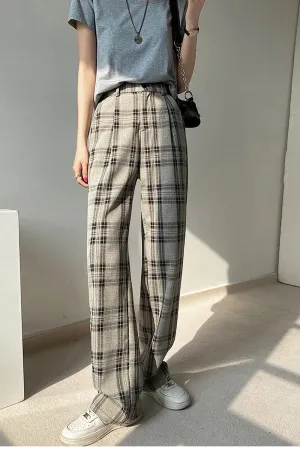 High Waist Plaid Elegant Long Pants