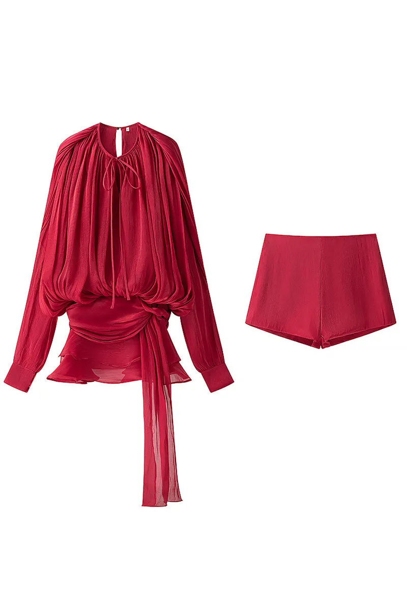 HUZ1308 Chiffon Blouse & Shorts Set